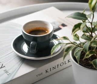 写真:本とコーヒーと植物